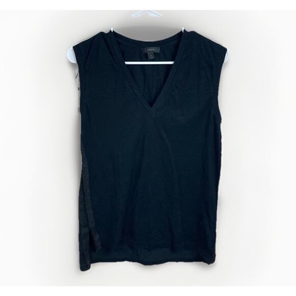 J Crew Tank Cotton Small Black Sleeveless V-Neck Tunic Side Tuxedo Slits Stripes - Picture 1 of 4